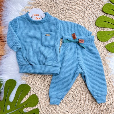 Conj. Casaco Malha Wafle e Calça - Azul